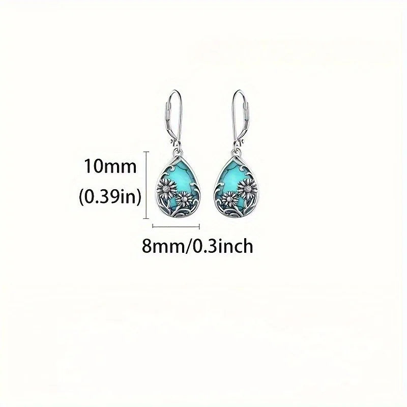 Vintage Sunflower Drop Earrings for Women Turquoise Inlay Jewelry Gift