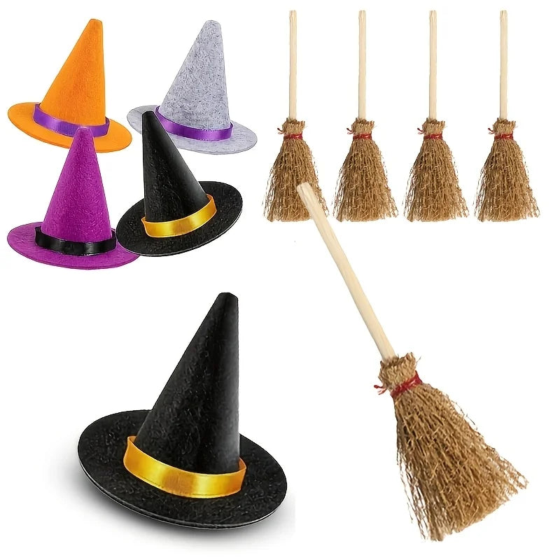12pcs Mini Witch Hat and Broom Set Halloween DIY Decorations Party Accessories