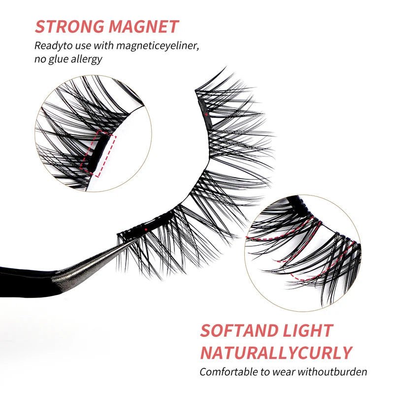 Magnetic Eyelashes Set 3 Pairs Reusable False Lashes with Applicator Natural Look