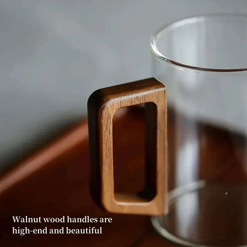 400ml Heat-Resistant Glass Cup with Walnut Handle for Tea and Coffee - Multiple Colors