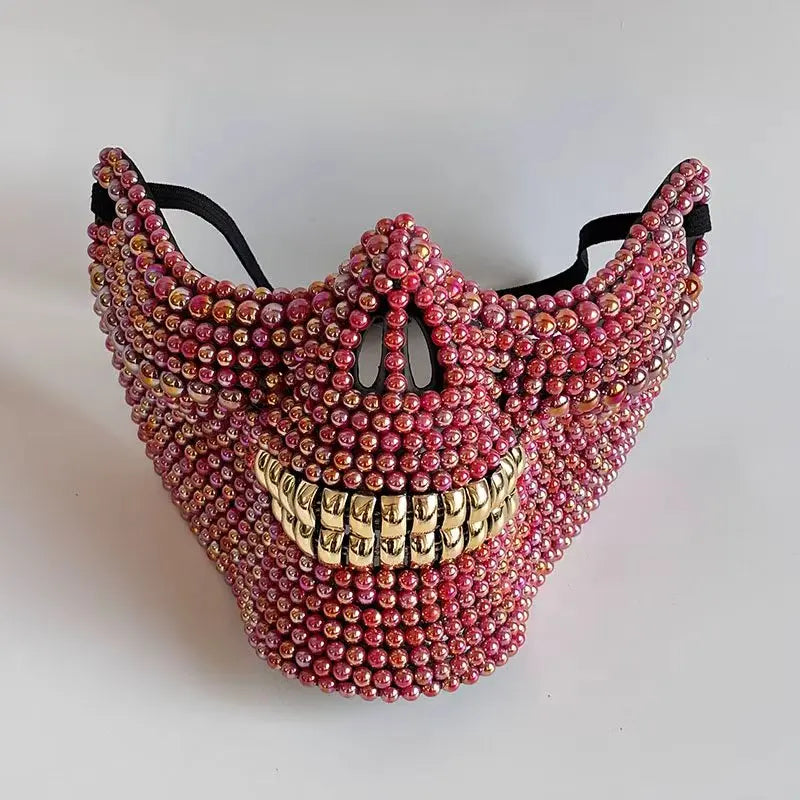 Handmade Ghost Rider Carnival Mask with Pearl Decor - Spooky Unisex Half Face Halloween Mask