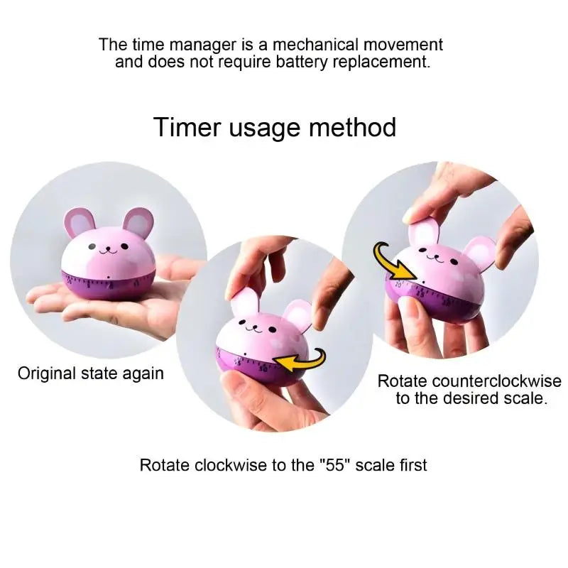 Mechanical Kitchen Timer with Cartoon Animal Pattern, 55-Minute Countdown Alarm, Magnetic Cooking Timer