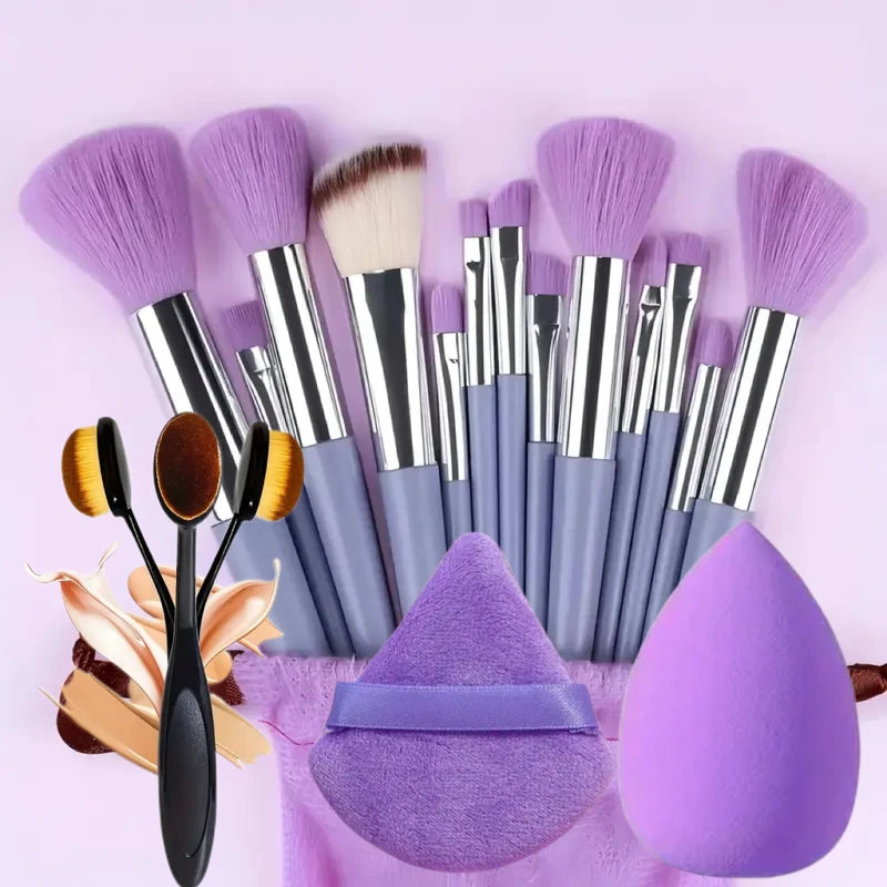 13-Piece Makeup Brush Set with Blender Sponge & Powder Puff - Complete Cosmetic Kit