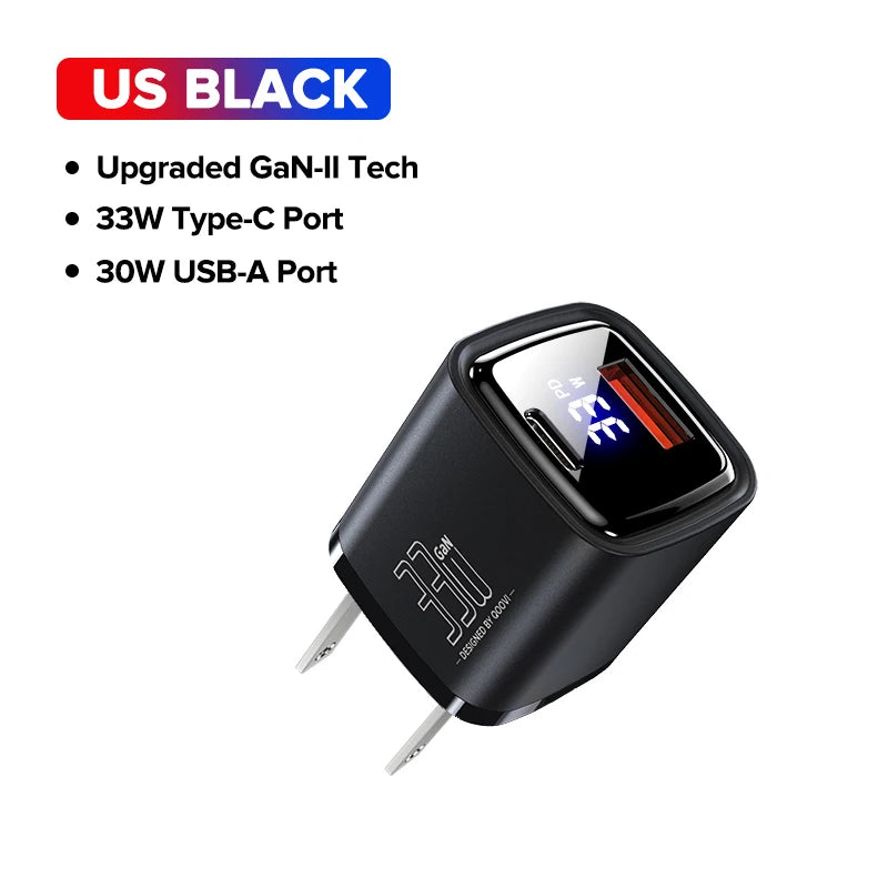 33W GaN Dual-Port Fast Charger Adapter USB C & USB A Compatible with Smartphone Tablet