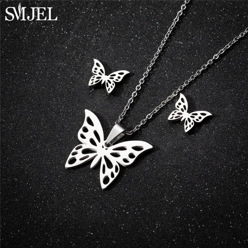 Korea Style Stainless Steel Jewelry Sets with Butterfly & Bee Pendants for Women Summer Beach Wedding Gift