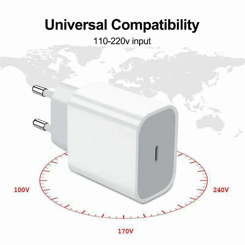USB C Fast Charger 20W for iPhone iPad Samsung OnePlus Wall Adapter with Type-C Cable EU/US Plug