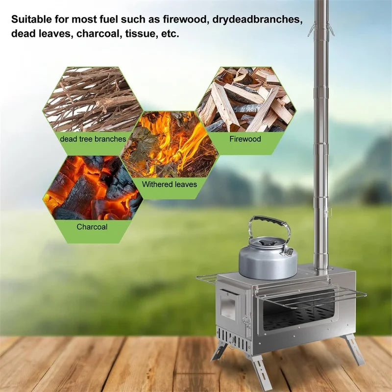Portable Wood Burning Stove with Chimney Pipes for Camping & Outdoor Heating