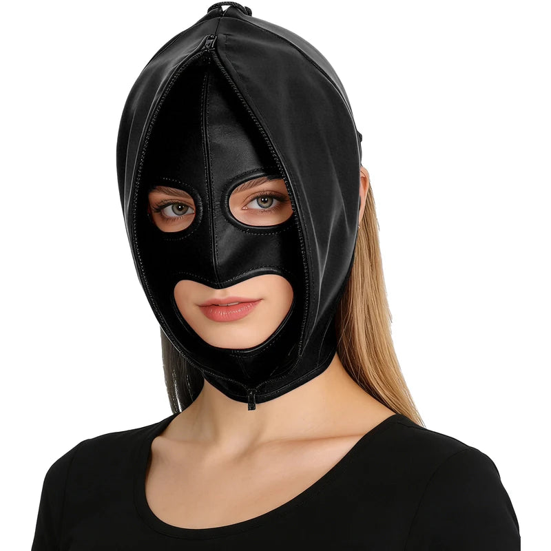 Full Face Leather Mask with Zipper & Lace-Up Adjustable Headgear for Cosplay & Parties