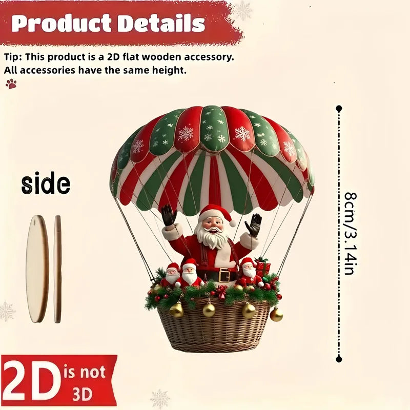 Set of 10 Santa Claus Parachute Wooden Hanging Ornaments Holiday Decorations