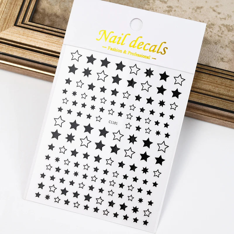 Black White Star 3D Nail Art Sticker Set with Laser Shine Glitter for Manicure - Multiple Colors