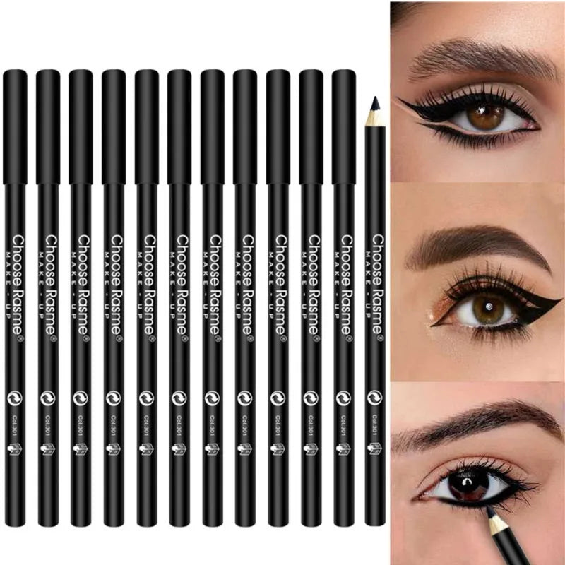 12pcs Waterproof Black Eyeliner Pencils - Smudge-Proof Long-Lasting Eye Makeup Set