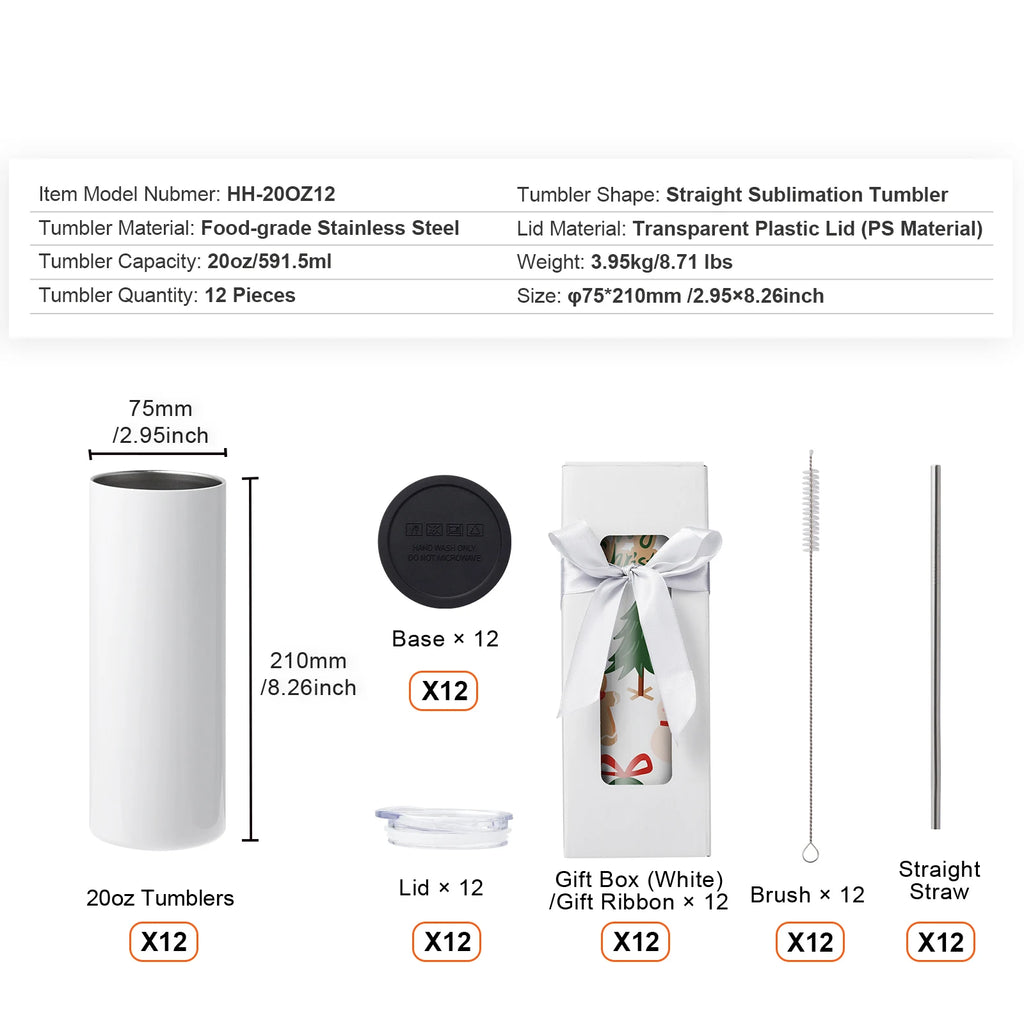 Sublimation Tumblers Bulk Set - Food-Grade Stainless Steel, 8/12/14/16/24/50PC