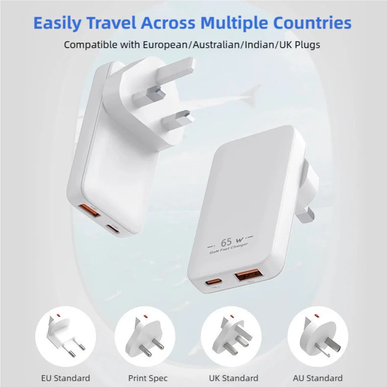 65W Gallium Nitride Travel Charger with Dual USB-C & USB-A Ports, Multi-country Plugs