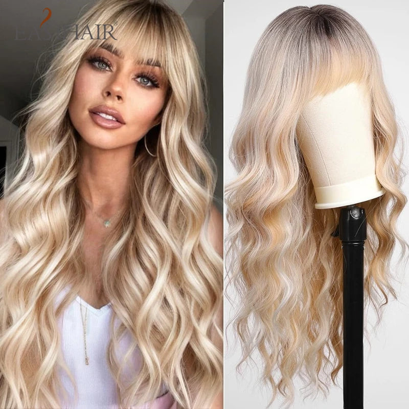 Long Blonde Ombre Wavy Synthetic Wig with Bangs for Women - Heat Resistant Cosplay & Daily Wear