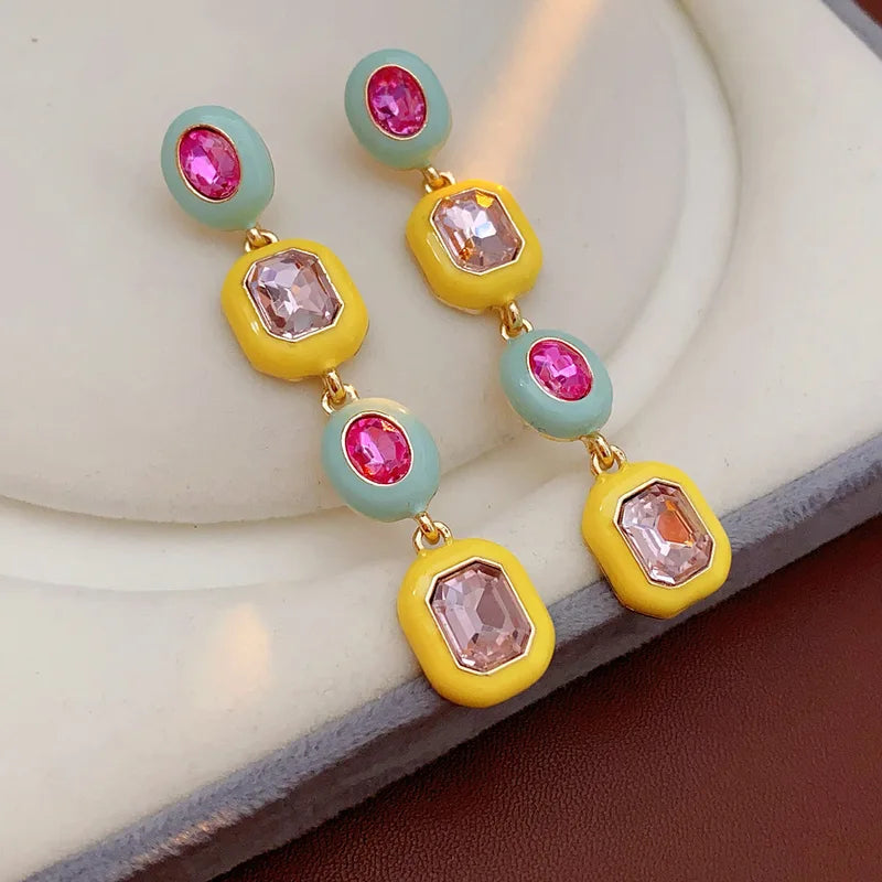 Colorful Square Oval Rhinestone Choker Necklace with Dangle Earrings Jewelry Set