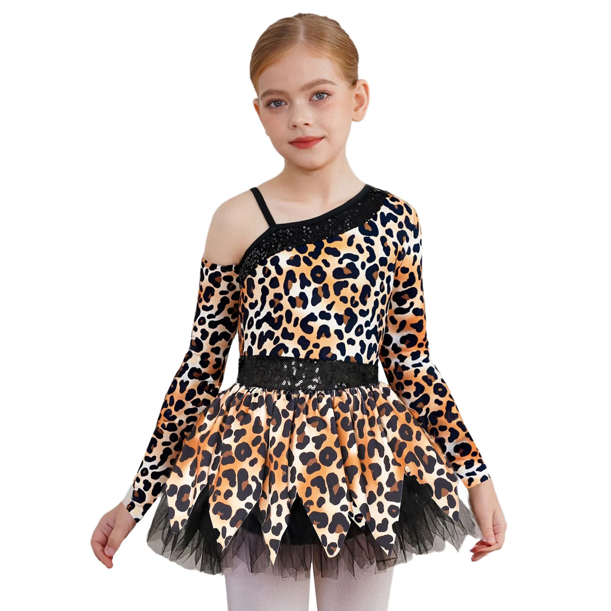 Kids Girl Halloween Leopard Costume Dress with Oversleeves - Prehistoric Theme
