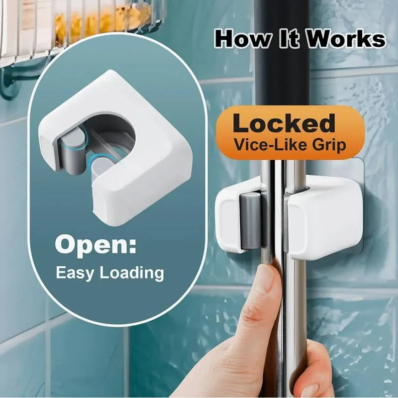 Self-Adhesive Wall-Mounted Mop and Broom Holder No Drilling Kitchen Bathroom Storage