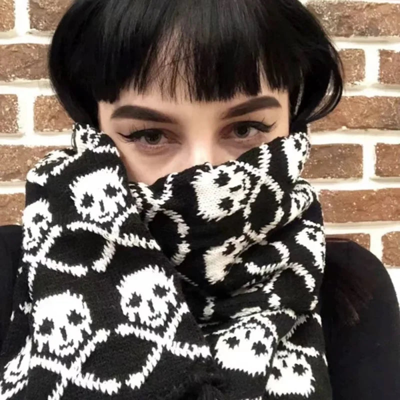 Gothic Halloween Skull Scarf for Women Men - Dark Knit Wrap with Tassels and Fringes