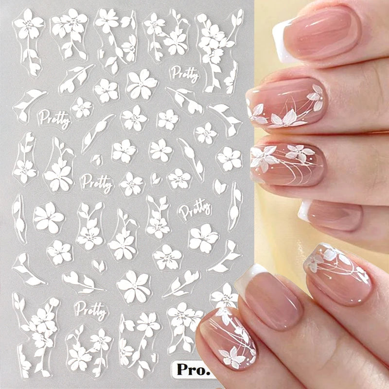 2pcs White 3D Flower Nail Art Stickers Sakura Blooming Floral Self-Adhesive Decor