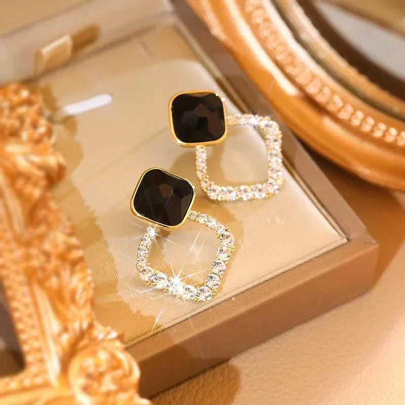 Korean Style Black Zircon Stud Earrings for Women Geometric Rhinestone Jewelry