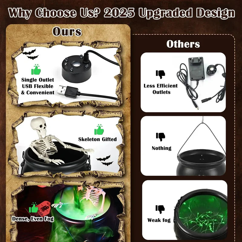 Halloween Witch Cauldron with LED Light & Fog Effect – Spooky Skeleton Decor