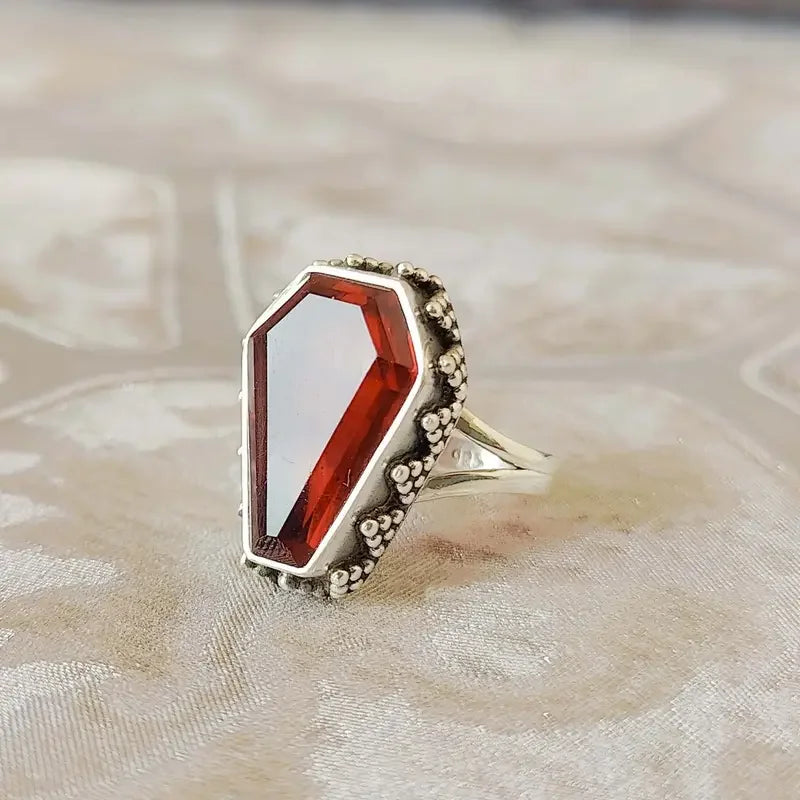 Retro Garnet Coffin Shape Silver Ring for Women Boho Gothic Halloween Jewelry