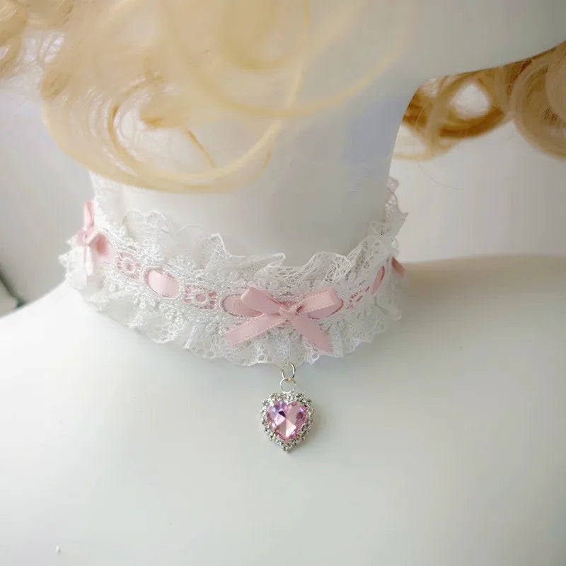 Lace Bow Necklace Heart Gem Charm Lolita Jewelry for Weddings & Parties