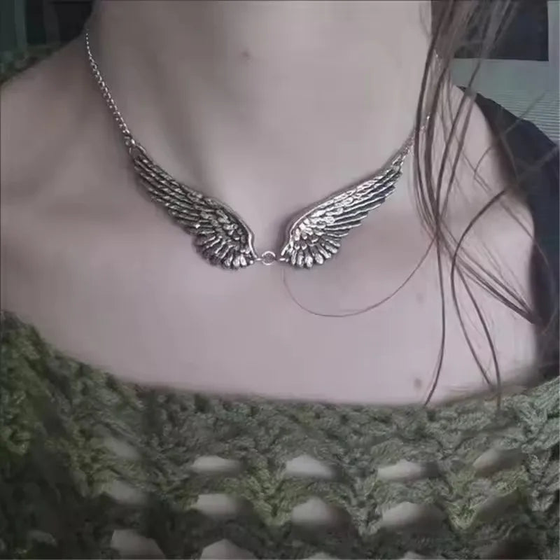 Vintage Angel Wings Feather Necklace with Big Pendant and Chain for Women