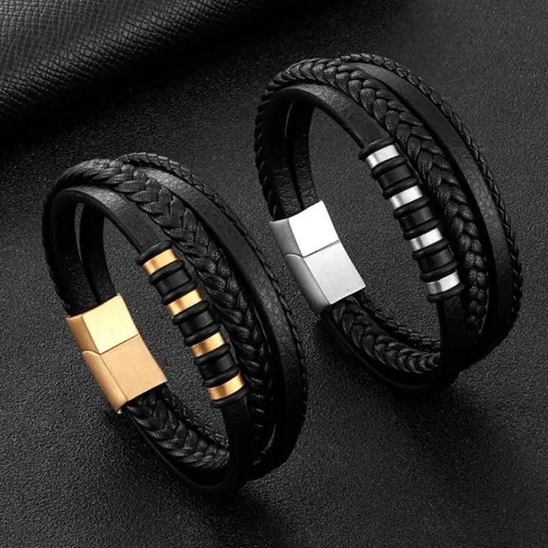 Multi-Layer Leather Bracelet with Magnetic Clasp Men’s Fashion Wrist Jewelry Casual Business Accessory