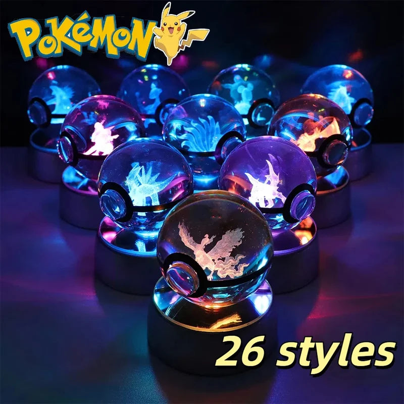 Pokemon Crystal Ball Pikachu Gengar Eevee Mewtwo Night Light with LED Base - 5CM Anime Collectible