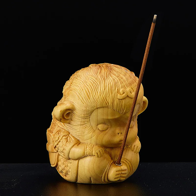 Mini Monkey King Wood Sculpture - Feng Shui Lucky Incense Holder for Home Decor
