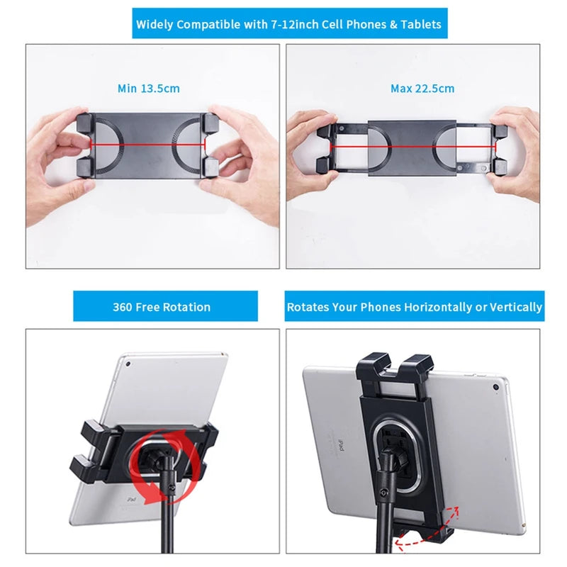 Adjustable Floor Tripod Stand for iPad and Tablets - 4-12.9 Inch Devices, 68-Inch Height, 360° Swivel