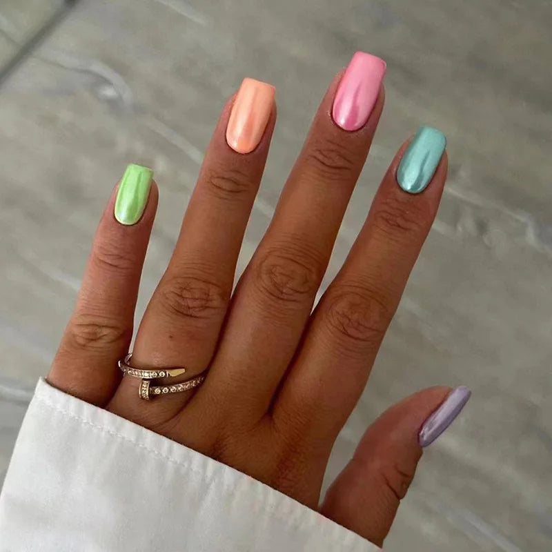 24Pcs Short French Fake Nail Tips with Aurora Glitter & Jelly Stickers