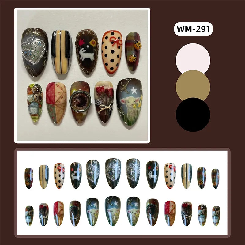 24Pcs Vintage Country Style False Nails with Cartoon Lamb Bunny Rose Prints - Press On Nail Art Set