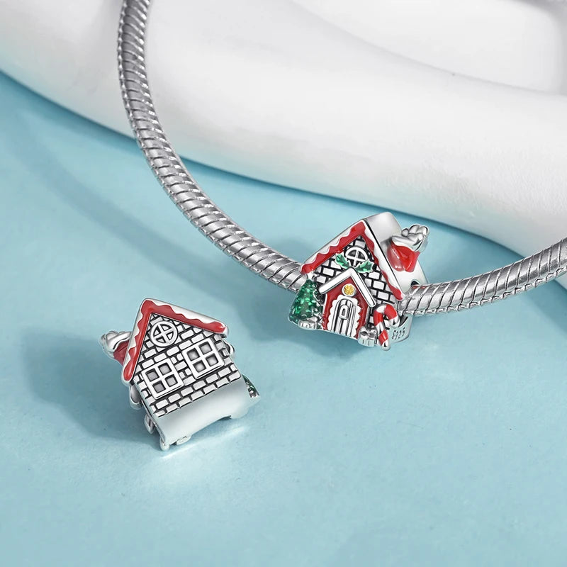 Sterling Silver Santa Claus Charm Bead Christmas House Dangle Pendant Jewelry Making
