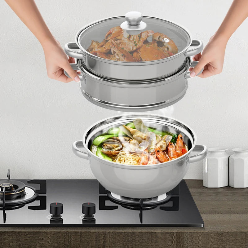 28cm Stainless Steel Multi-Function 3-Tier Steamer Pot for Vegetables Seafood and Soups