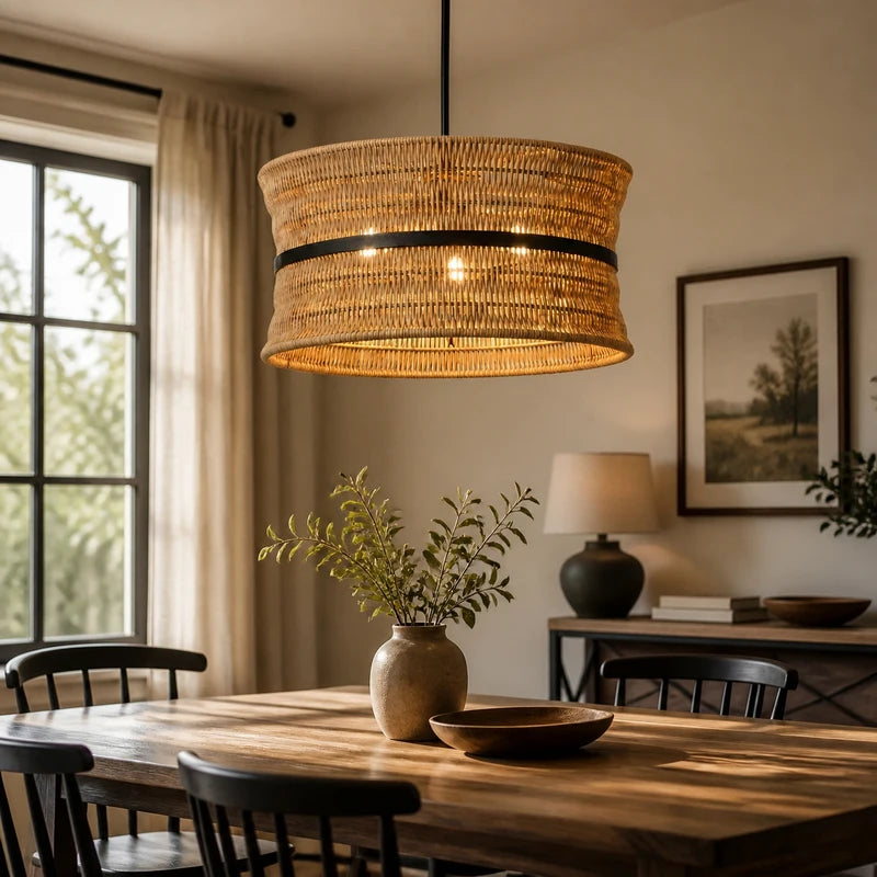 Wicker Boho Chandelier - 4-Light Rattan Pendant Light for Dining & Living