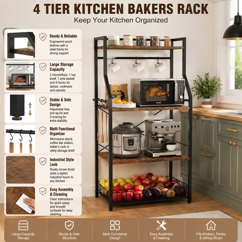 4-Tier Kitchen Storage Rack with Microwave Stand and Hooks - Industrial Style Organizer