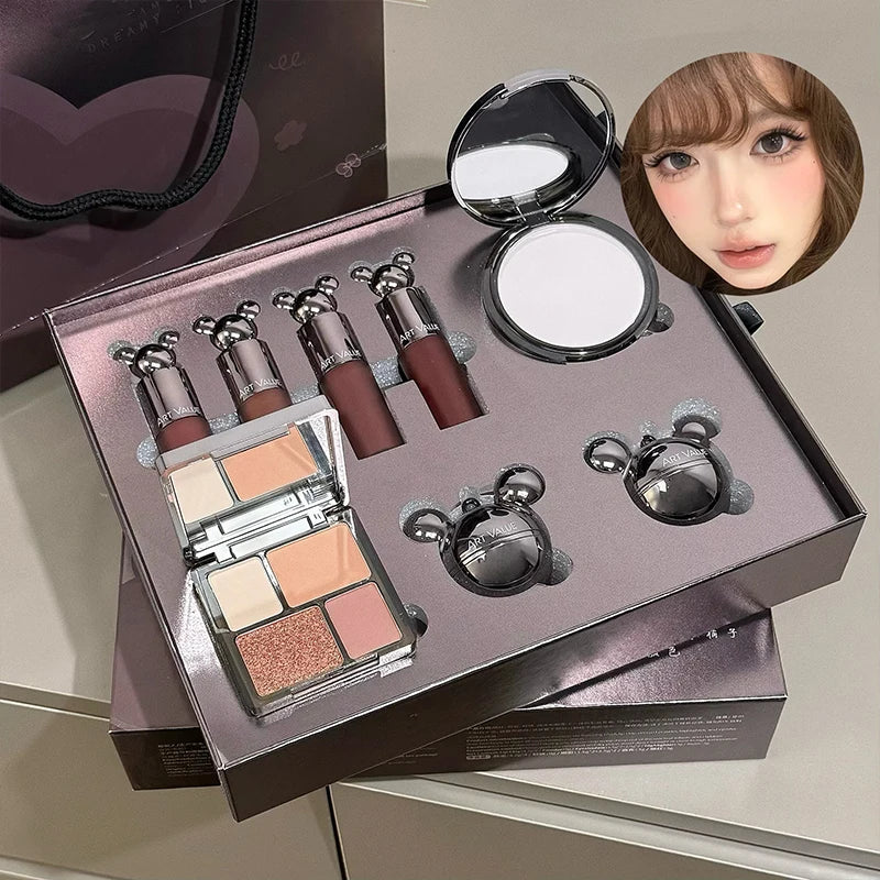 Makeup Set with Lip Mud, Face Blush, Powder, Eyeshadow Palette & Highlighter – 8 Pieces
