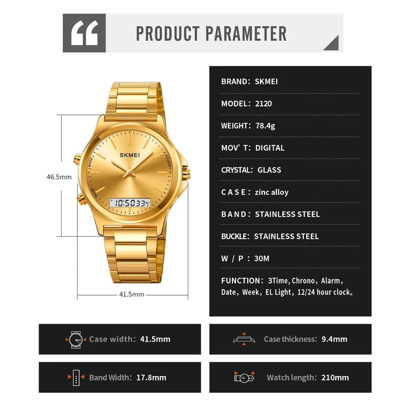 Digital Quartz Sport Watch for Men Waterproof Stainless Steel Dual Display