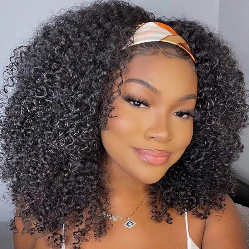 Kinky Curly Human Hair Headband Wig for Black Women 250% Density Glueless Brazilian Remy Jerry Curl