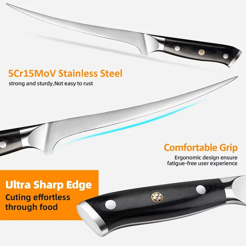 8 Inch Stainless Steel Boning Knife - Sharp Flexible Curved Fish & Meat Cutter