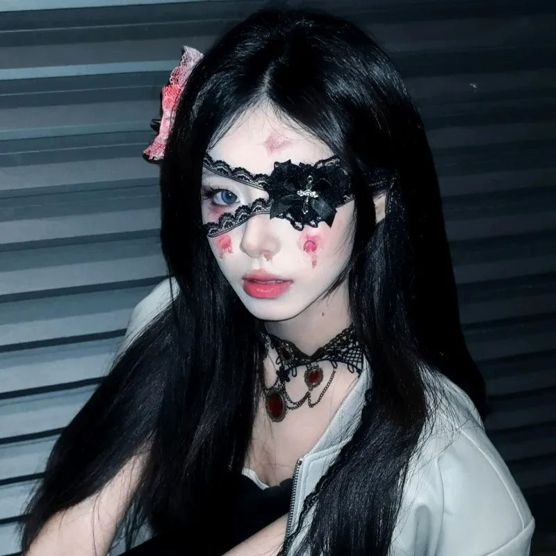 Halloween Punk Cross Eye Mask Women Gothic Lace Bow Accessory