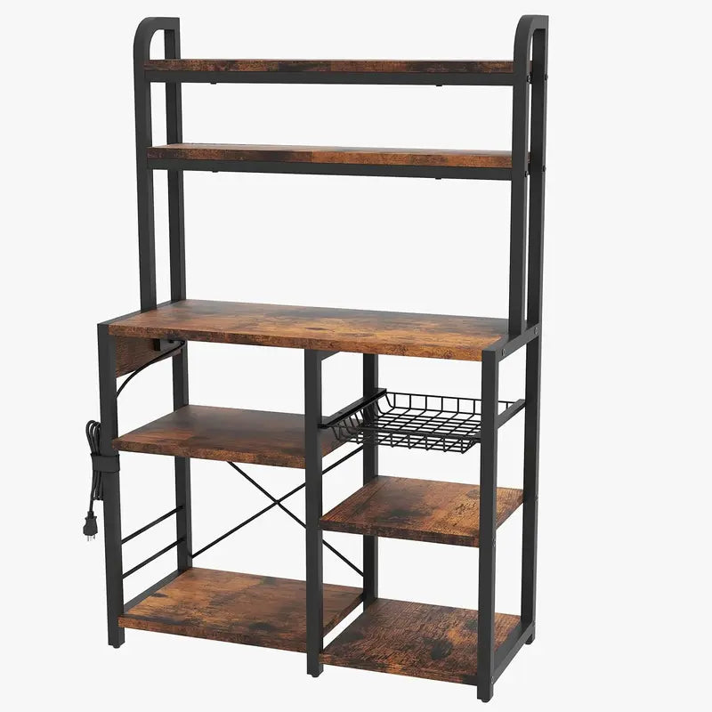 6-Tier Kitchen Storage Rack with Wire Baskets and Dual Outlets - Microwave Stand & Organizer