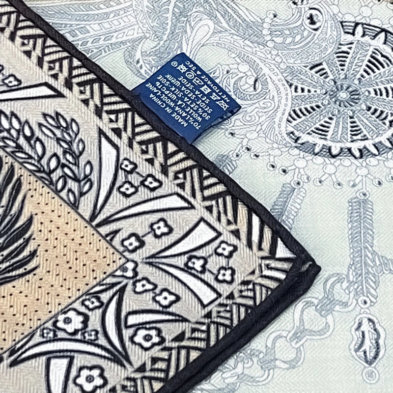 Luxury Silk Wool Botanical Print Square Scarf - Warm Retro Jewelry Design