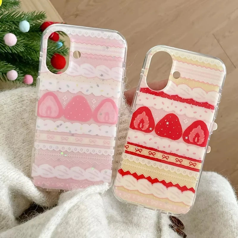Cream Strawberry Cake Lace Bowknot Phone Case for iPhone - Shockproof Silicone Cover