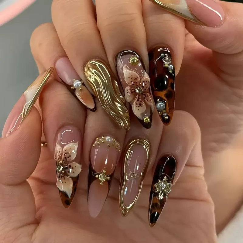 24Pcs Irregular Gilded False Nail Set with Pearl Glitter Almond Acrylic Tips