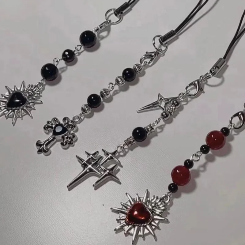 Gothic Phone Charm Necklace with Cross and Star - Handmade Y2K Neo Gothic Accessory