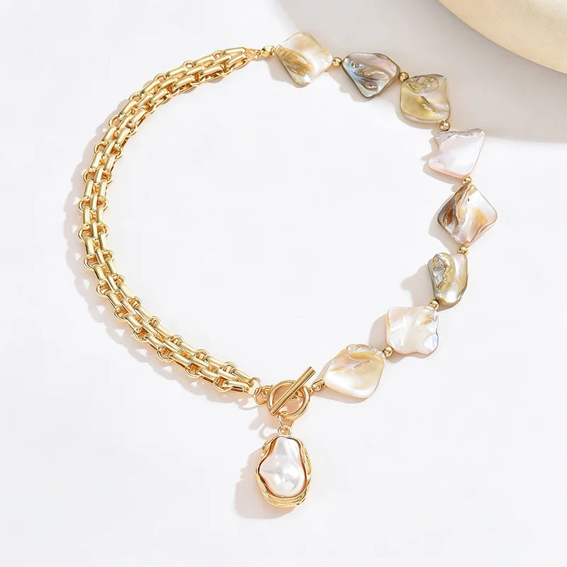 Boho Pearl Choker Necklace with Asymmetric Cuban Link Chain - Summer Beach Jewelry