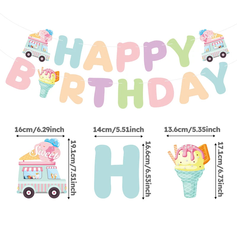Ice Cream Themed Party Decorations Set - Birthday Banner & Honeycomb Ornaments